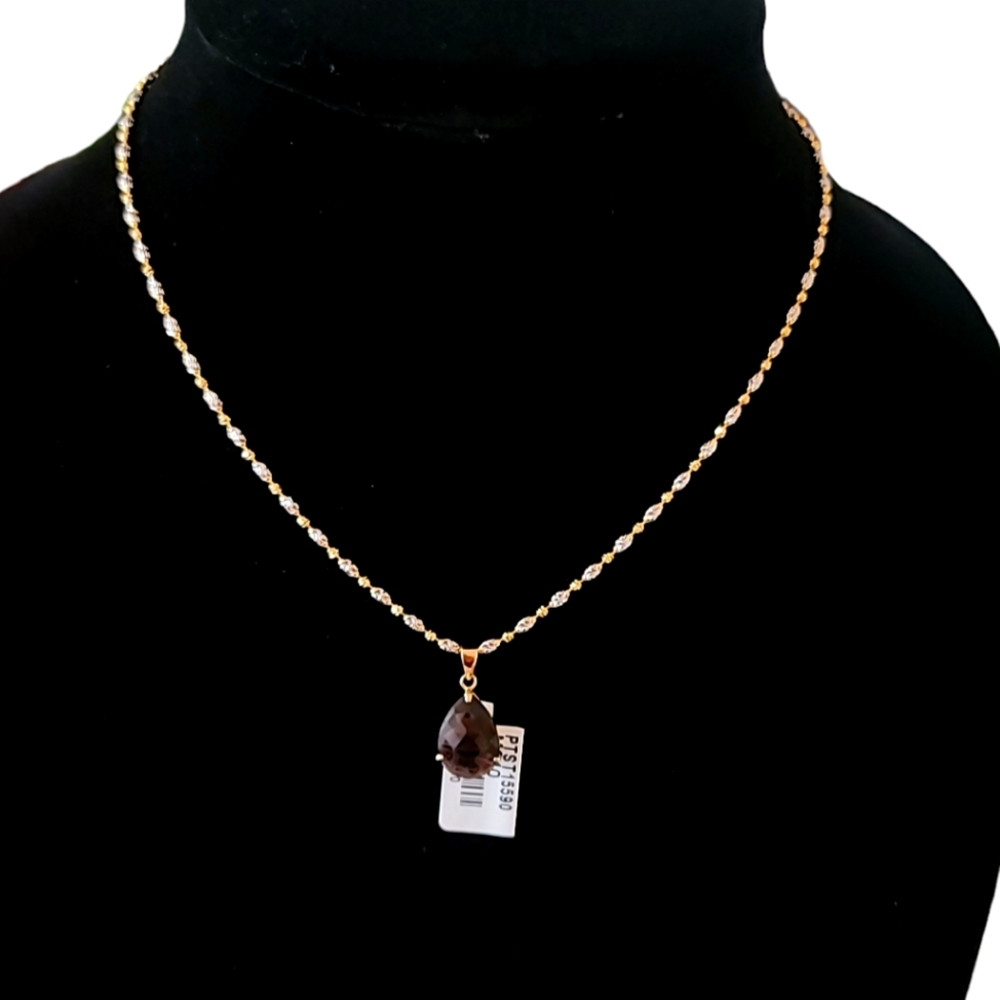 14K Solid Italian Two-tone Yellow and White Gold Natural Smoky Topaz Necklace